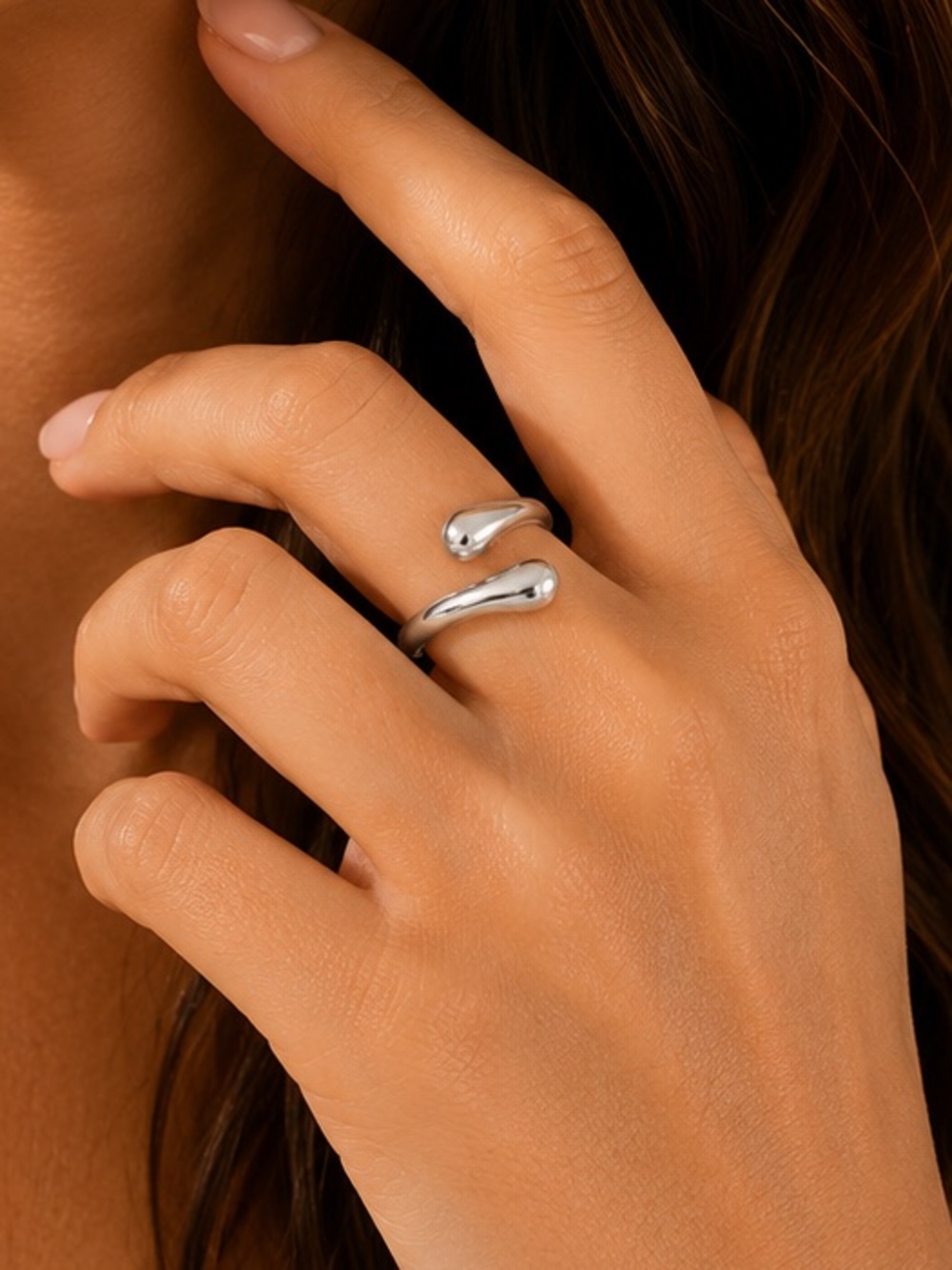 Silver Open-Ended Teardrop Statement Ring